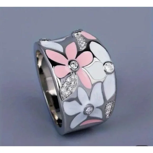 Silver Plated Zircon Pink Enamel Flower Ring - Picture 3 of 4
